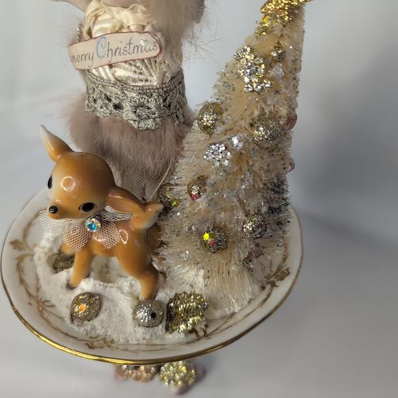 Handmade Christmas Assemblage on China Pieces Bottlebrush Tree Deer Doll - Picture 7 of 13